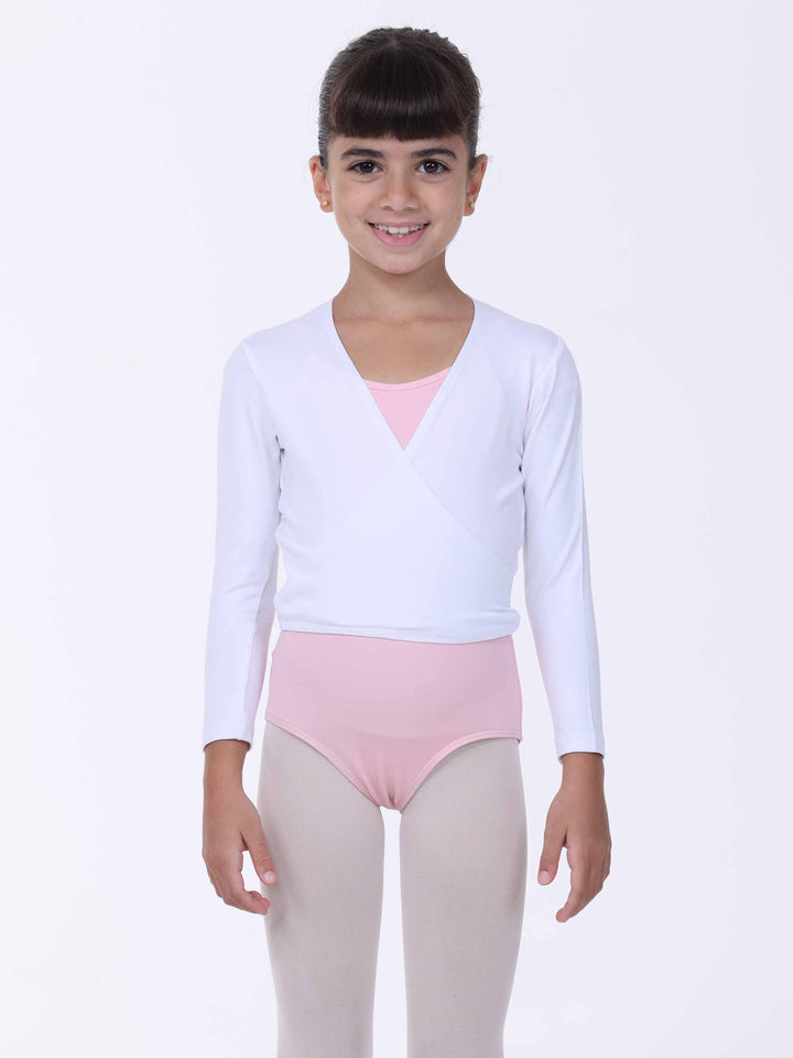 Cache-cœur de ballet blanco – haut de danse niña porté en maillots rosa clair.