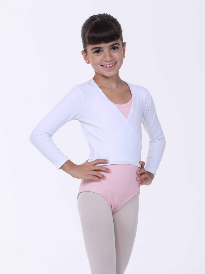 Cache-cœur de ballet blanco para niña – mangas largas, coupe croisée elegante.