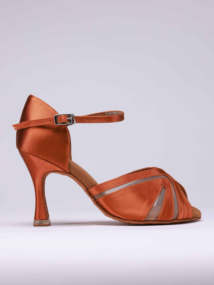 Zapatos de baile latino para mujer, modèle Anna, couleur tannée, avec malla transparente à l&