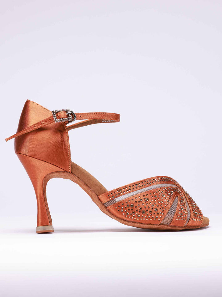 Zapatos de baile latino para mujer, modèle Anna avec pedrería, couleur tannée, avec malla transparente à l&