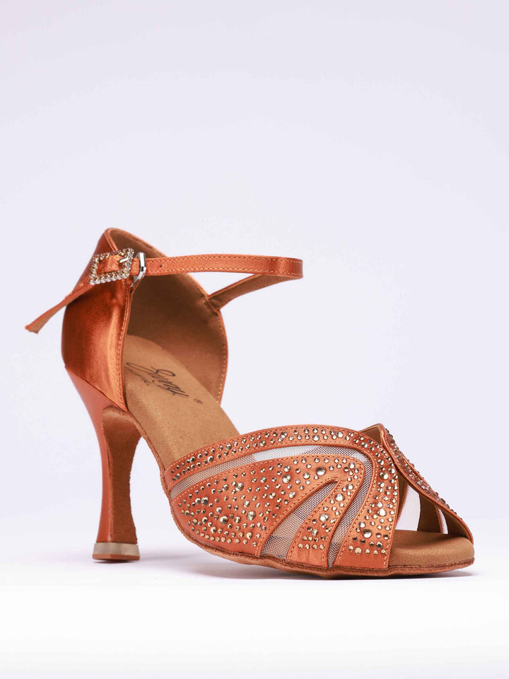 Zapatos de baile latino para mujer, modèle Anna avec pedrería, couleur tannée, avec malla transparente à l&