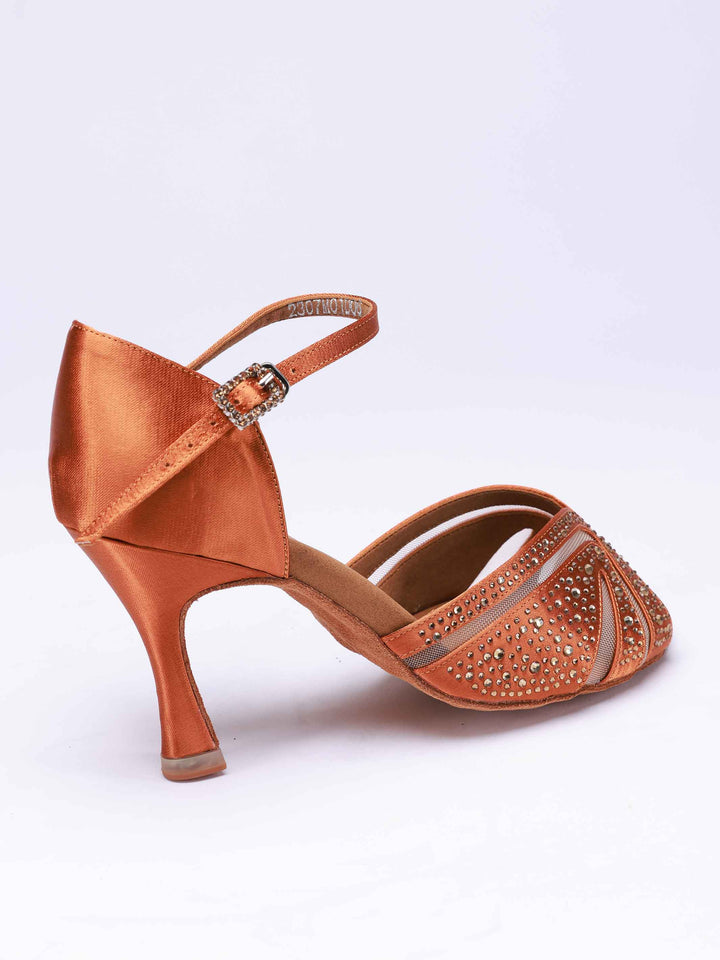 Zapatos de baile latino para mujer, modèle Anna avec pedrería, couleur tannée, avec malla transparente à l&