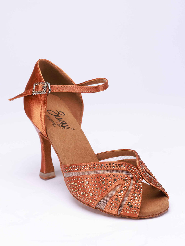 Zapatos de baile latino para mujer, modèle Anna avec pedrería, couleur tannée, avec malla transparente à l&
