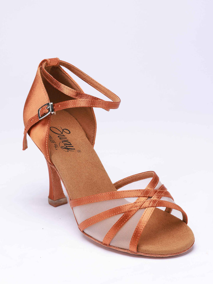 Zapatos de baile latino para mujer, modèle Emma, design à 4 brides avec détails en mesh transparent à l&