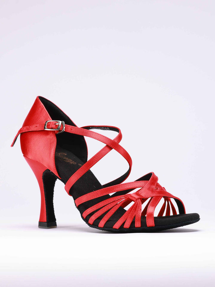 Zapatos de baile latino para mujer, modèle Lula, finition en satén rojo, boucle en métal, 2 larges lanières et 6 fines lanières latérales