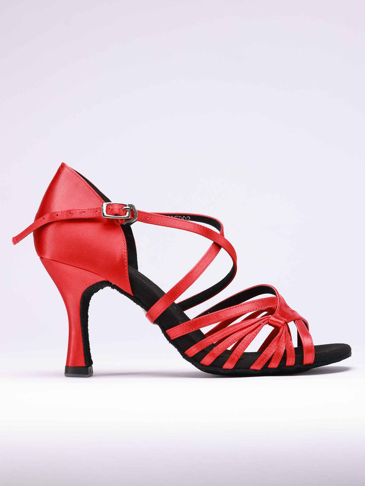 Zapatos de baile latino para mujer, modèle Lula, finition en satén rojo, boucle en métal, 2 larges lanières et 6 fines lanières latérales - vue de côté