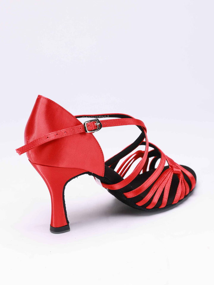 Zapatos de baile latino para mujer, modèle Lula, finition en satén rojo, boucle en métal, 2 larges lanières et 6 fines lanières latérales - vue arrière