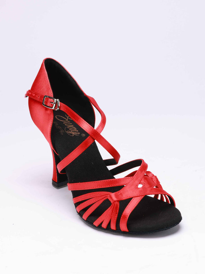 Zapatos de baile latino para mujer, modèle Lula, finition en satén rojo, boucle en métal, 2 larges lanières et 6 fines lanières latérales - vue de haut