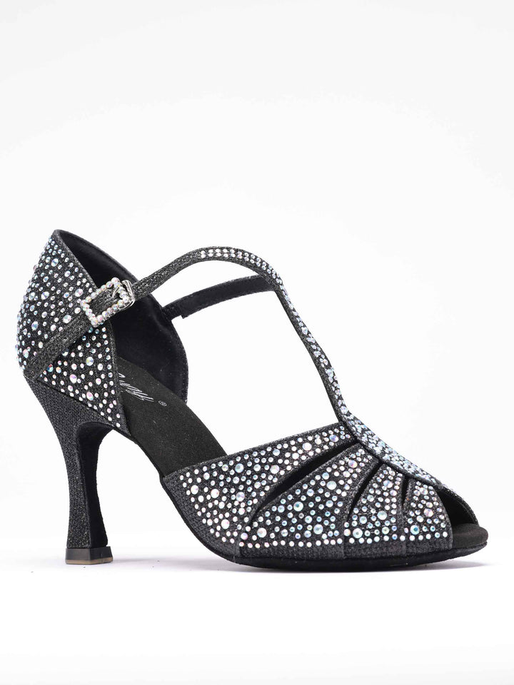 Zapatos de baile latino et salsa para mujer, modèle Estelle, design T-strap orné de pedrería scintillants, y compris sur la boucle, forme avant étroite avec ouvertures, talon rétro de 8,5 cm, couleur negroe