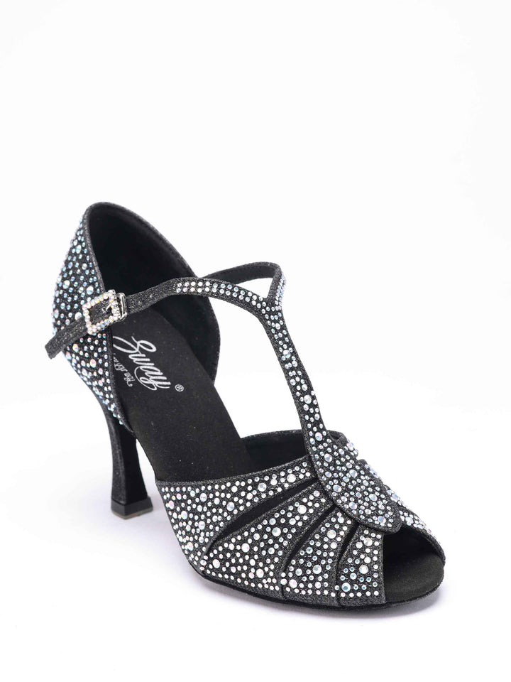 Zapatos de baile latino et salsa para mujer, modèle Estelle, design T-strap orné de pedrería scintillants, y compris sur la boucle, forme avant étroite avec ouvertures, talon rétro de 8,5 cm, couleur negroe - vue de haut