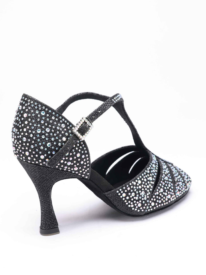 Zapatos de baile latino et salsa para mujer, modèle Estelle, design T-strap orné de pedrería scintillants, y compris sur la boucle, forme avant étroite avec ouvertures, talon rétro de 8,5 cm, couleur negroe - vue arrière