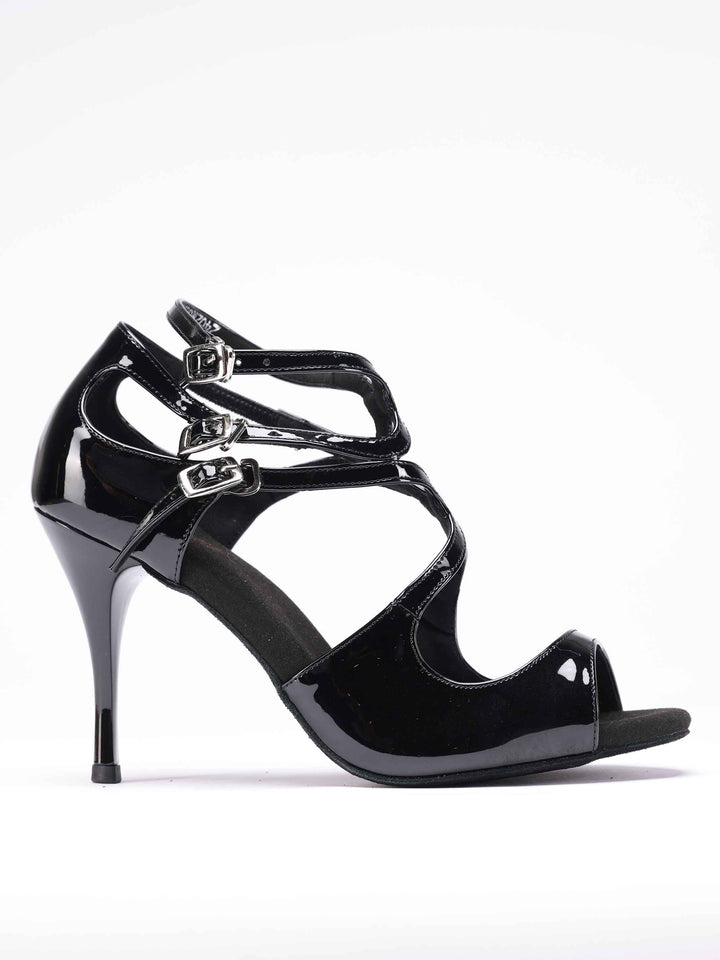 Zapatos de danza tango en cuir verni negro brillant, modèle Magali, avec triple bride à boucle - vue de côté