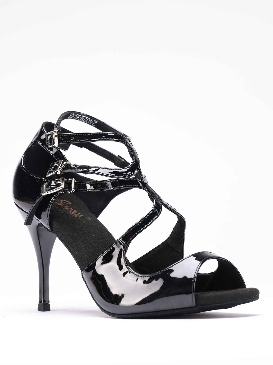Zapatos de danza tango en cuir verni negro brillant, modèle Magali, con triple bride à boucle