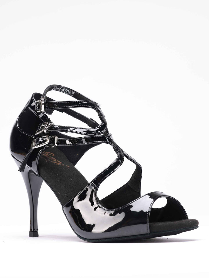 Zapatos de danza tango en cuir verni negro brillant, modèle Magali, con triple bride à boucle