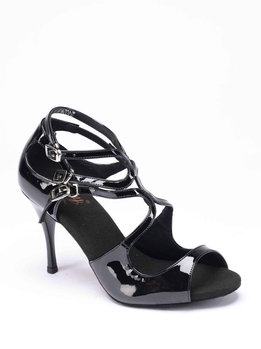 Zapatos de danza tango en cuir verni negro brillant, modèle Magali, avec triple bride à boucle - vue de haut