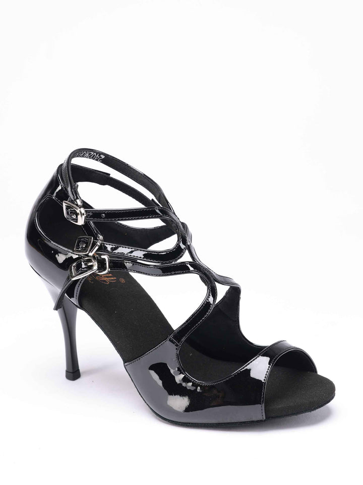 Zapatos de danza tango en cuir verni negro brillant, modèle Magali, avec triple bride à boucle - vue de haut