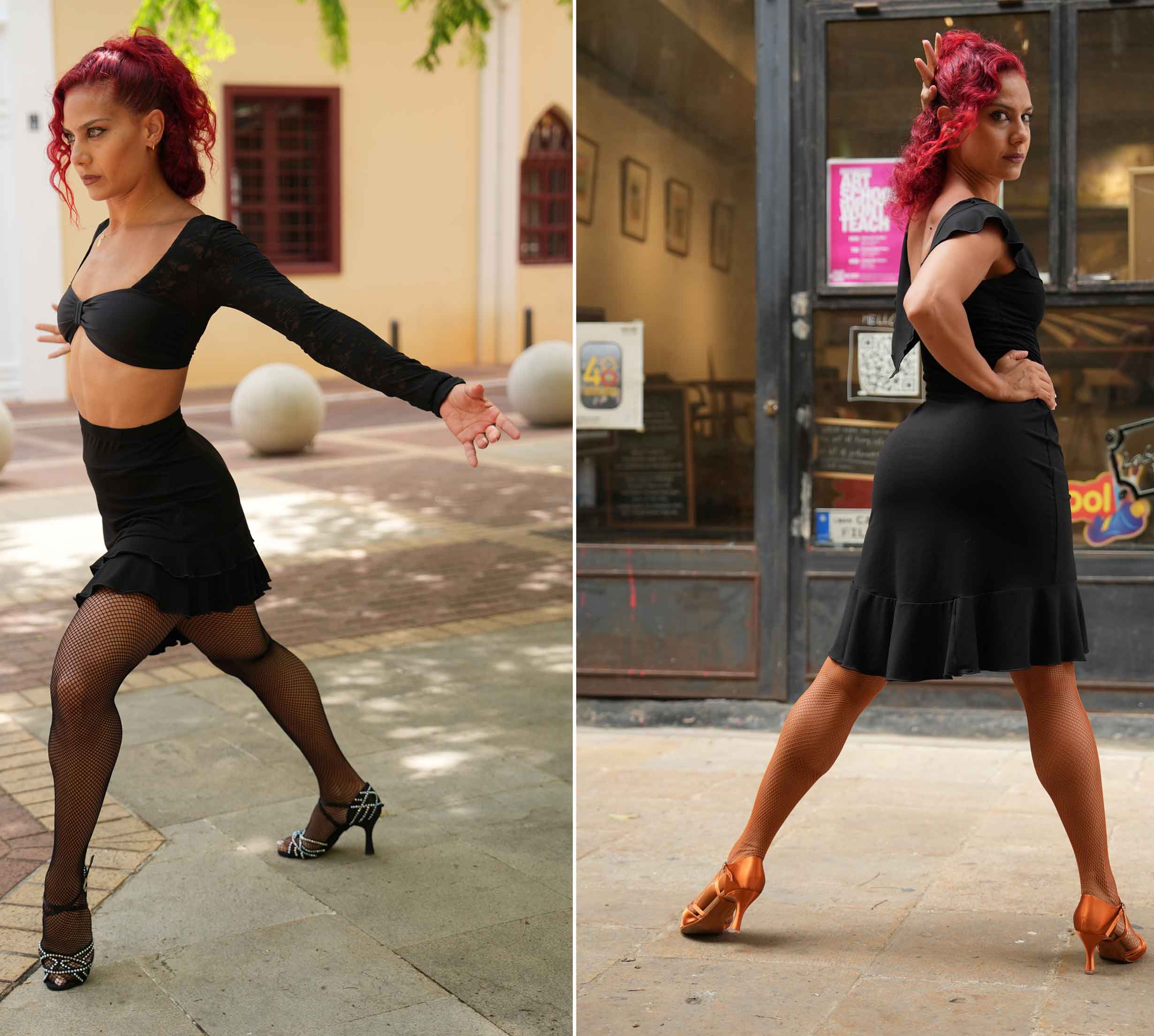 Bailarina con zapatos de danza latina, representando la colección de zapatos de danza latina para mujer de Sway.