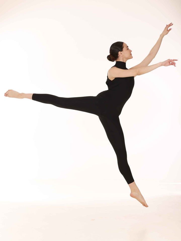 Unitard de danse et yoga para mujer, col halter avec crochets métalliques flexibles, dos ouvert avec deux larges bretelles, coupe legging, couleur negroe, pour un style épuré et moderne - vue latérale