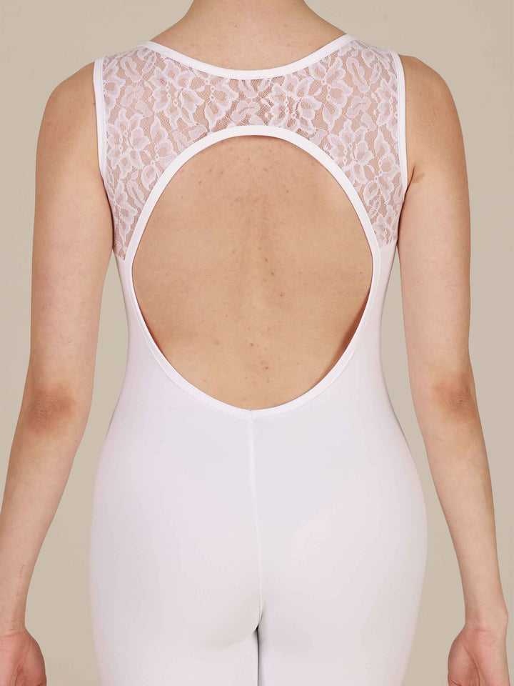 Unitard mujer à manches tank en encaje pour danse et yoga, avec dos ouvert circulaire en encaje, couleur blancohe - gros plan sur la vue arrière