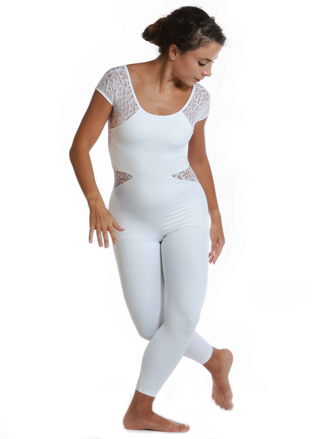 Unitard de danse blancohe en encaje à mangas cortas para mujer - vue de face