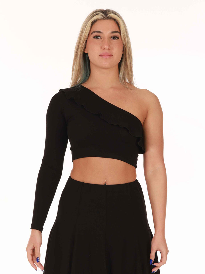 Crop top flouncy pour baile latino mujer, conception asymétrique avec une seule manche, adaptable des deux côtés, coupe ajustadoe et crop, détail volanté du devant à l&