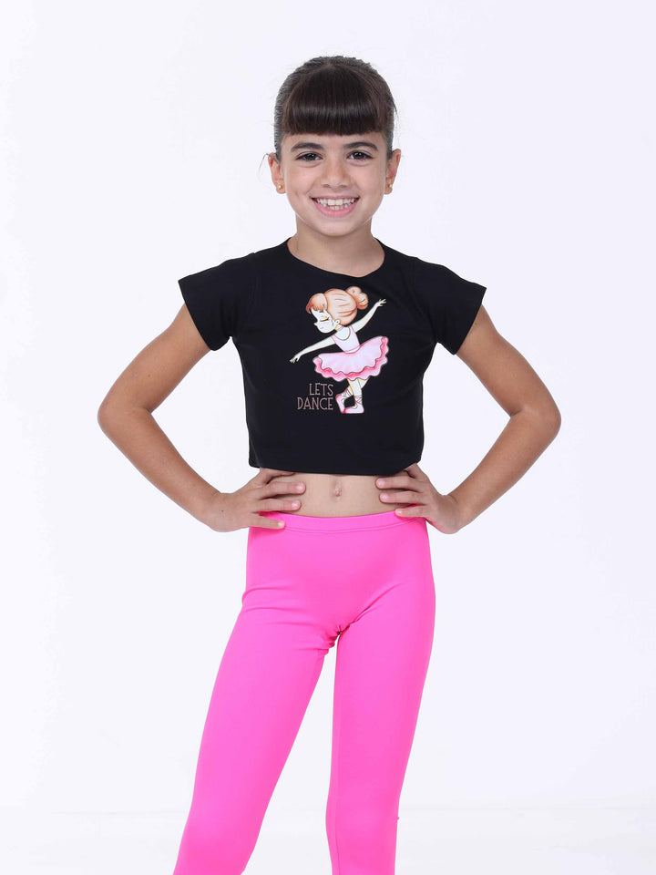 Crop top de danse negro para niña con imprimé ballerine y texte “Let’s Dance”.