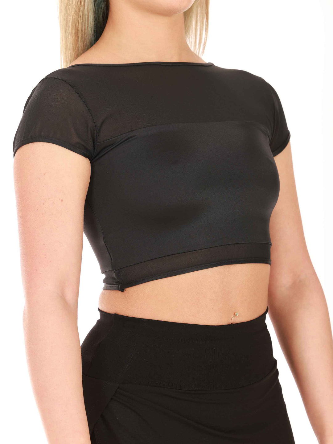Crop top de danse en mesh à mangas cortas para mujer, conception réversible pouvant se porter à l&