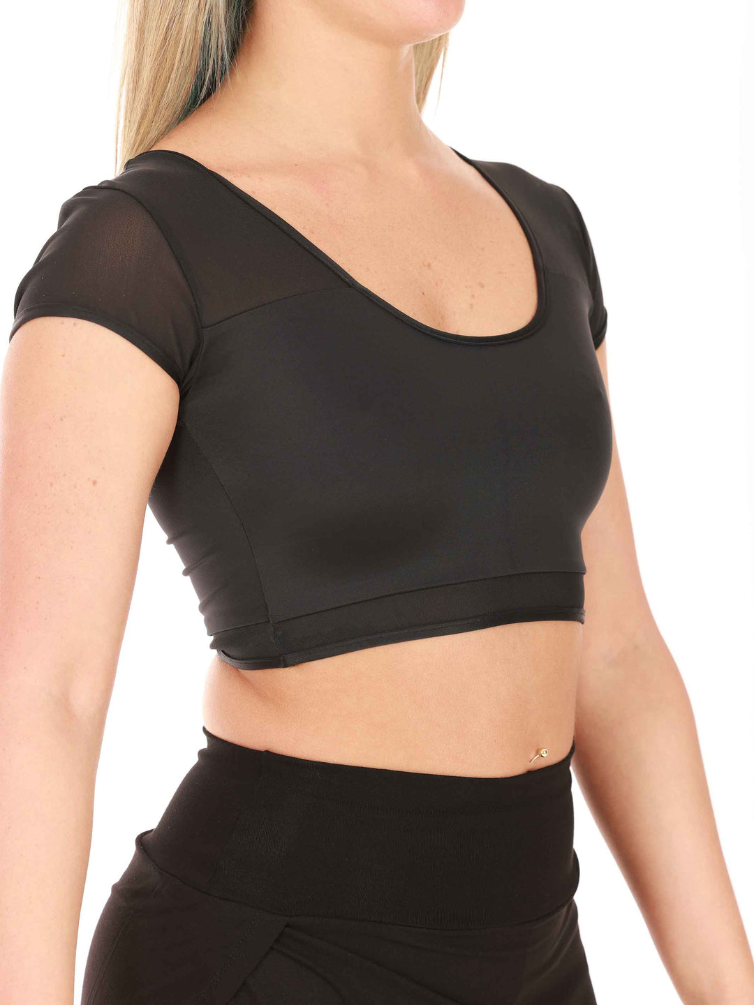 Crop top de danse en mesh à mangas cortas para mujer, conception réversible pouvant se porter à l&