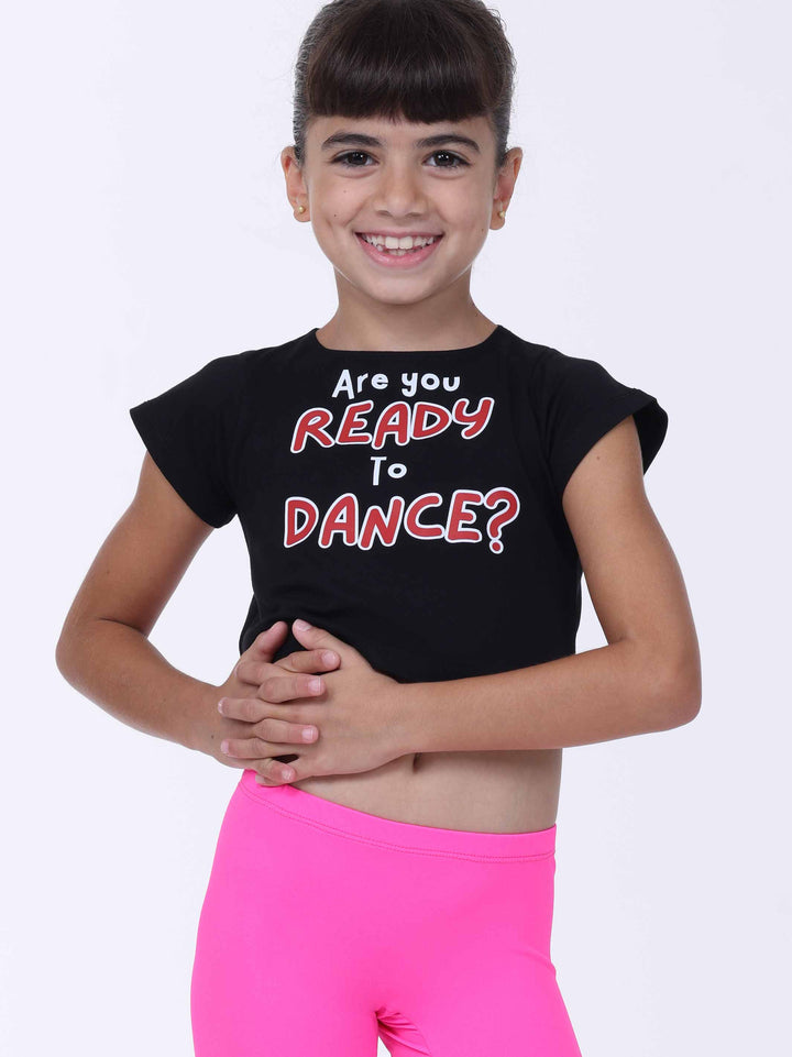 T-shirt court de danse niña negro – message “Are You Ready to Dance?” imprimé en le buste.