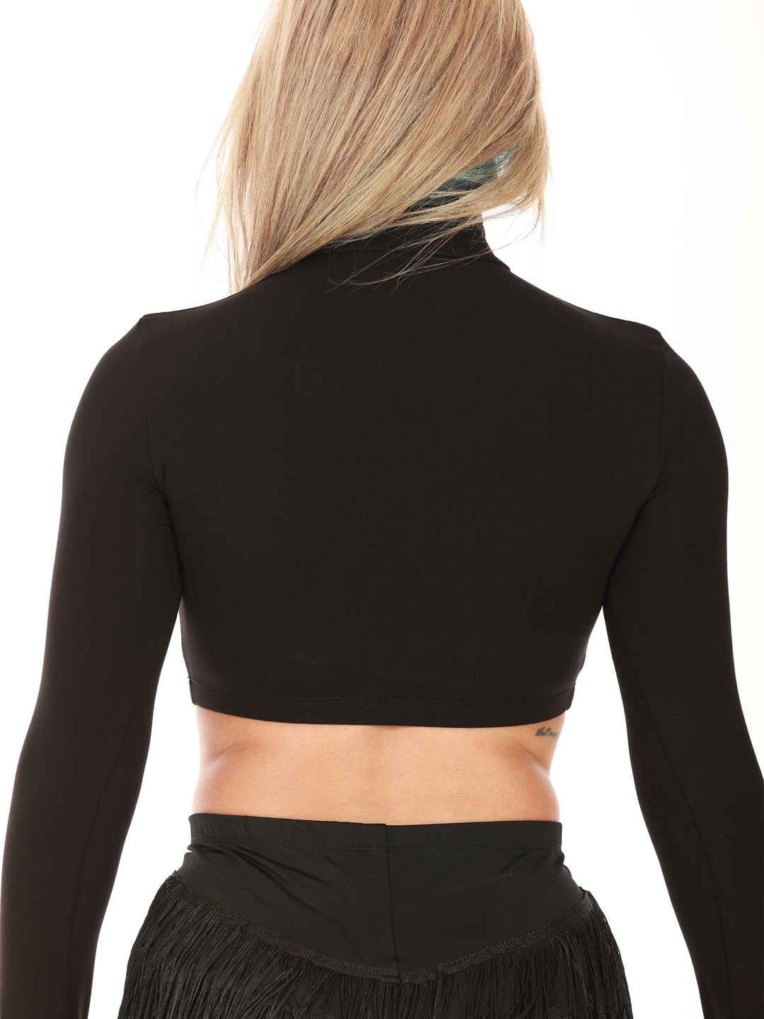 Vue arrière du crop top de danse negro à col montant – haut stretch idéal pour répétitions ou performances scéniques.