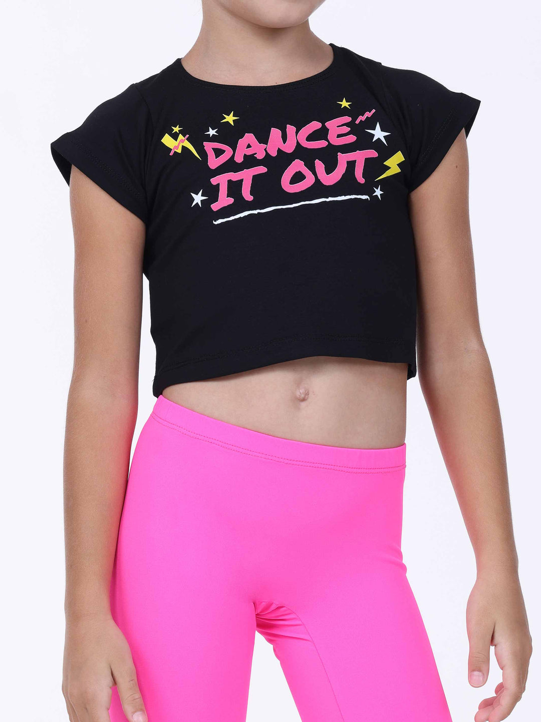 Crop top negro de danse para niña con imprimé coloré “Dance It Out” en rosa y amarillo.