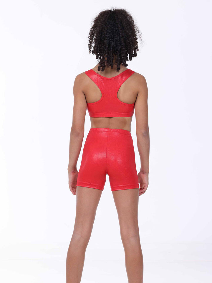 Vue arrière de l’ensemble de gymnastique para niña rojo métallisé – brassière dos nageur et short assorti.