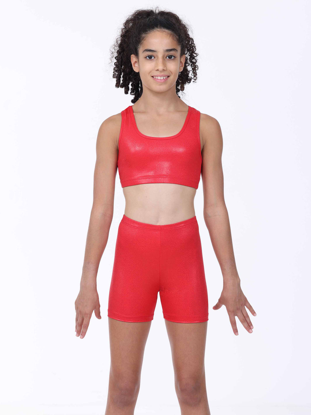 Ensemble sport niña rojo scintillant – idéal para la danse, la gym ou les actuacións.