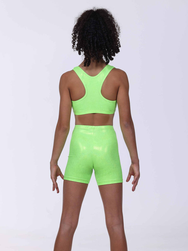 Vue arrière complète de l’ensemble vert citron – brassière y short scintillants para niña.