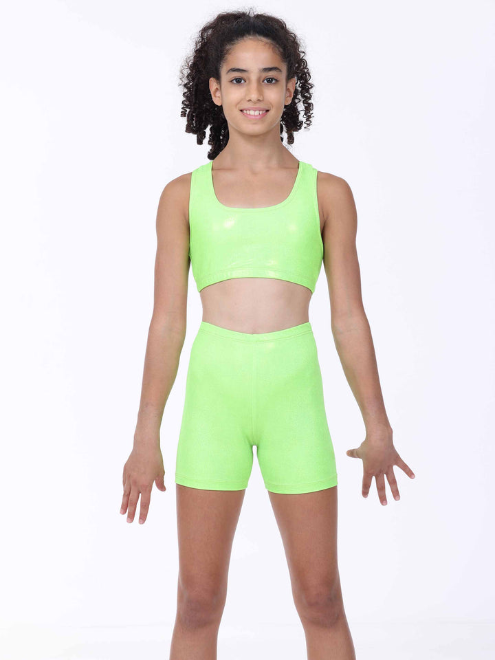 Tenue de gymnastique vert citron para niña – brassière courte y short elástico assorti.