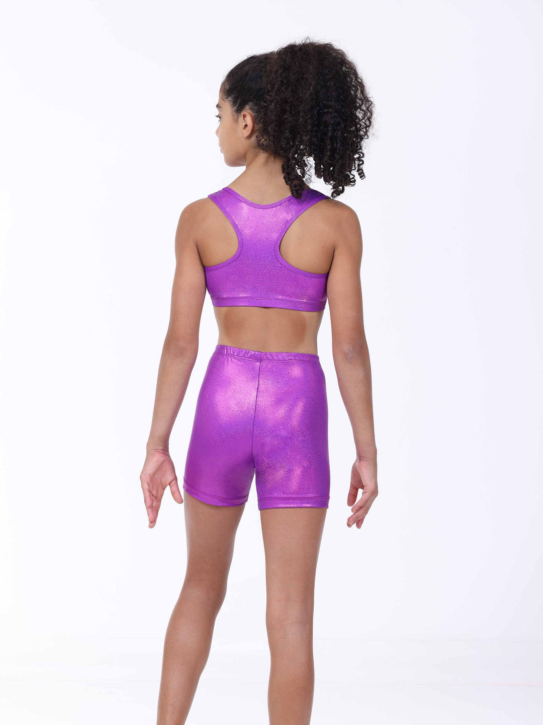 Vue arrière de la brassière dos nageur y short de gymnastique violeta métallisé para niña.
