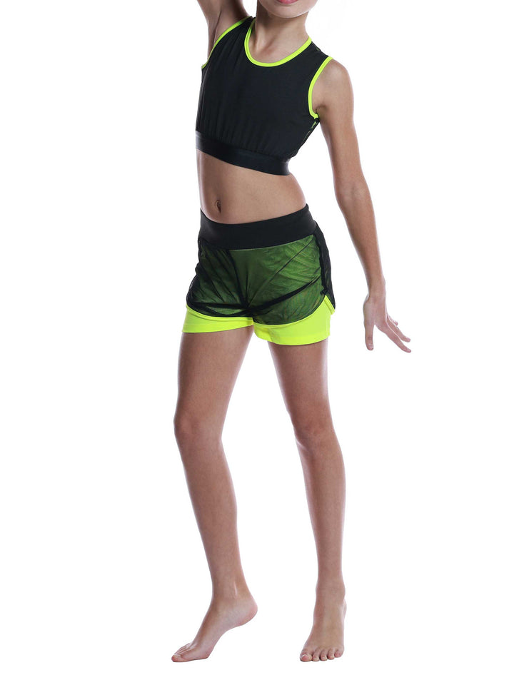 Ensemble Active Mesh negro y amarillo para niñas - vue de face - tenue de sport y danse
