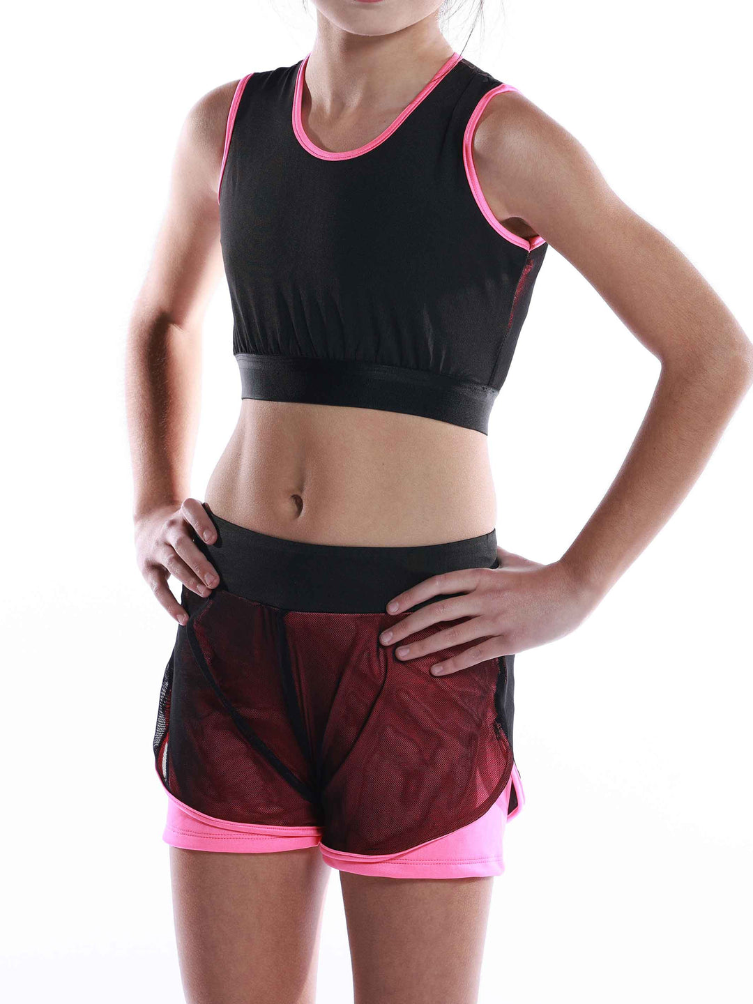 Ensemble Active Mesh negro y rosa vif para niñas - vue de face - ropa de danza