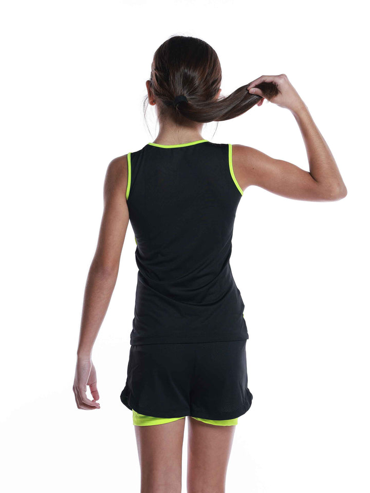 Ensemble de sport perforé negro y amarillo para niñas - vue arrière du haut y du short