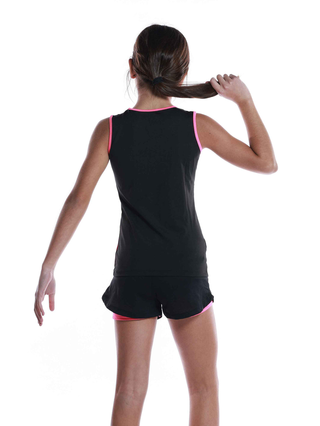 Ensemble de sport perforé negro y rosa vif para niñas - vue arrière du haut y du short