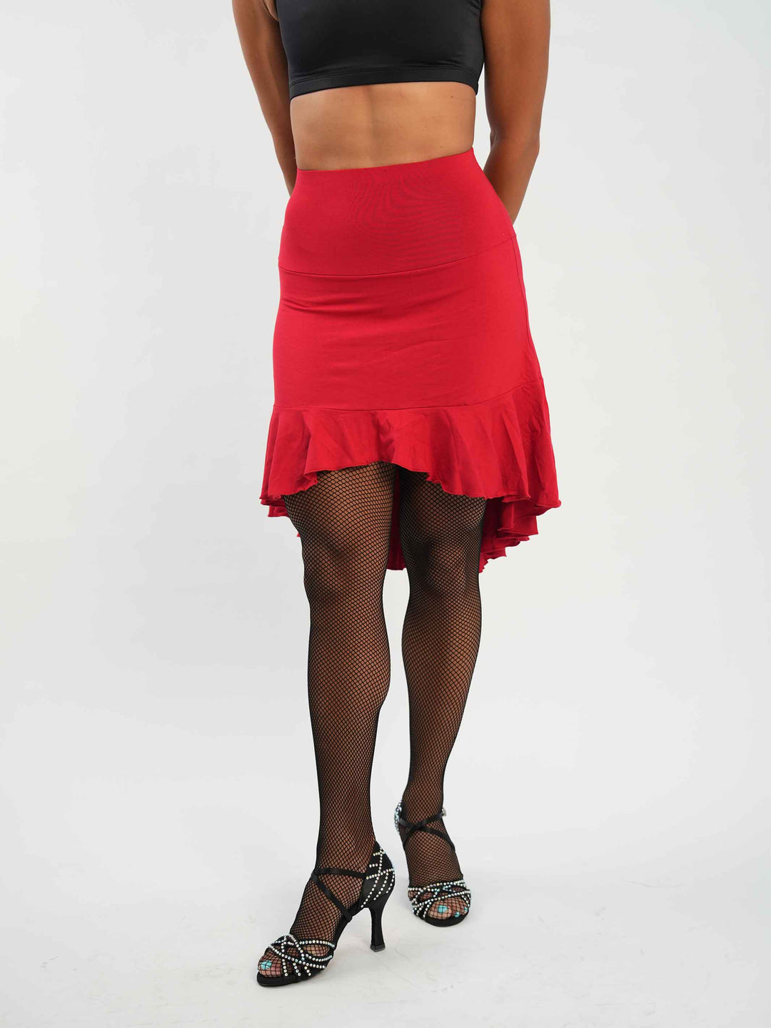 Falda de baile latino rojo con volant asymétrique – coupe fishtail elegante y taille haute.