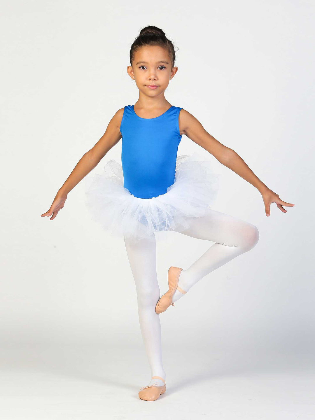 Tutú de ballet blanco para niña – falda en tul vaporeuse y maillots azul.