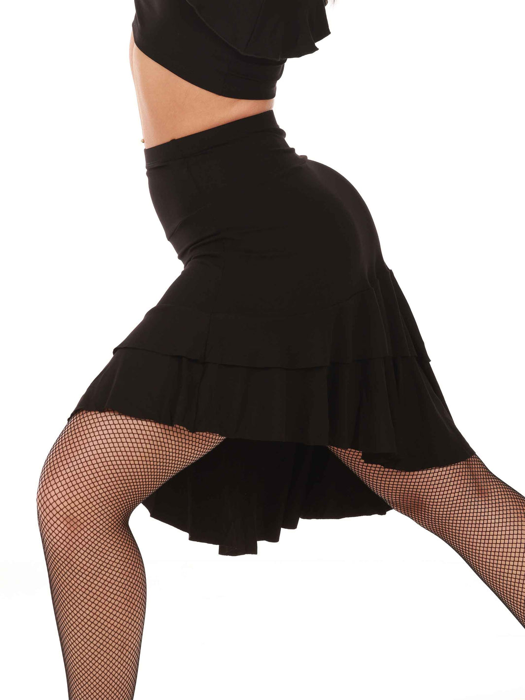 Falda de baile latino para mujer, ourlet asymétrique avec volants superposés, coupe taille haute, modèle Sofia, couleur negroe - vue de côté