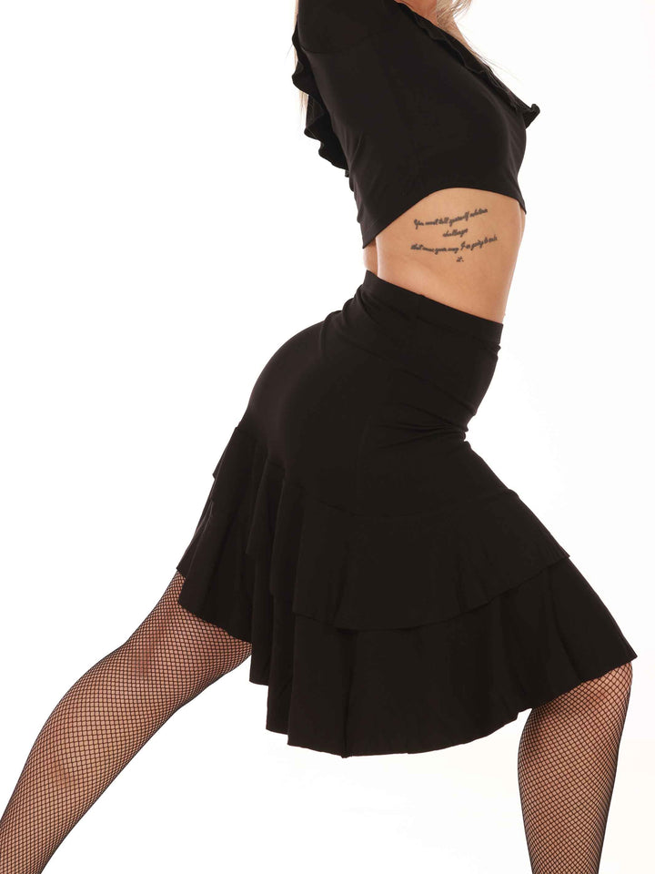 Falda de baile latino para mujer, ourlet asymétrique avec volants superposés, coupe taille haute, modèle Sofia, couleur negroe - vue latérale