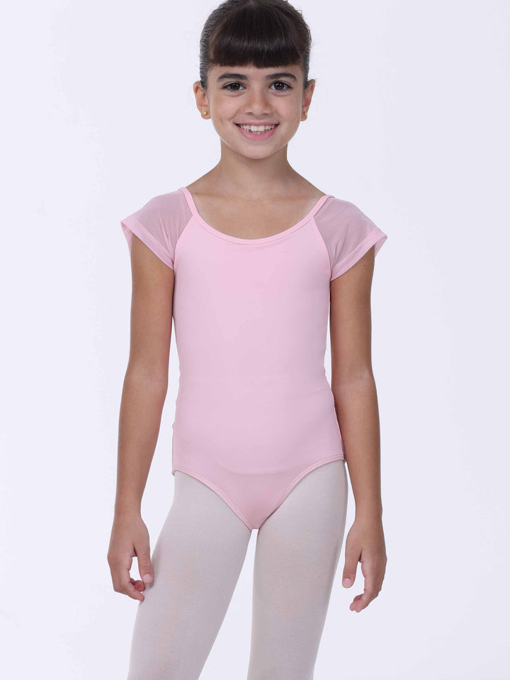 Maillots de danse rosa clair para niña – mangas cortas en tul y encolure arrondie.