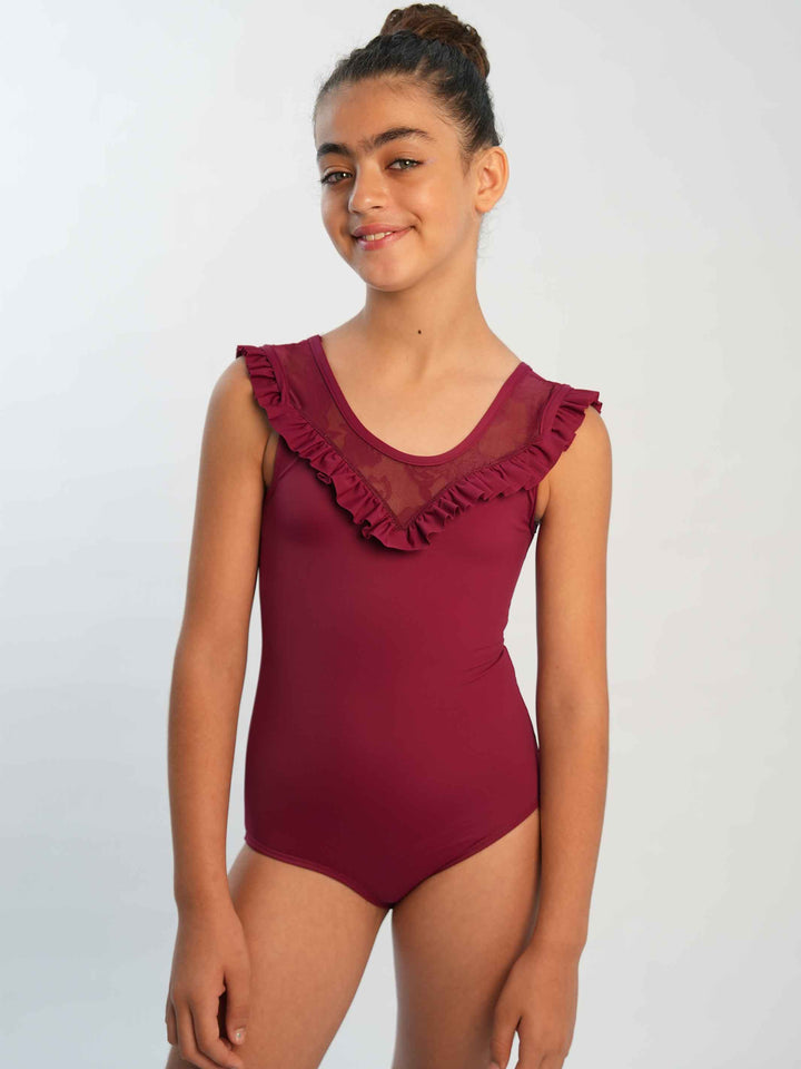Maillots de ballet para niña avec mancherons en encaje, détails en mesh et encaje, dos échancré, couleur bourgogne - vue de face