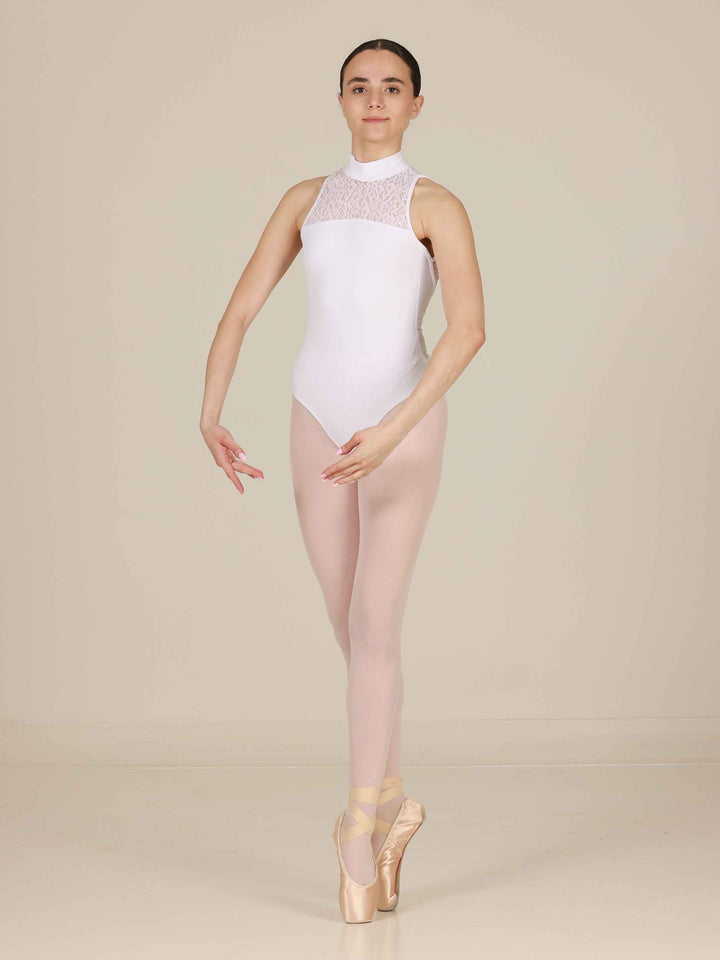 Maillots de ballet para mujer, haut col en encaje et espalda abierta, couleur blancohe, elegante et raffiné pour la ballet
