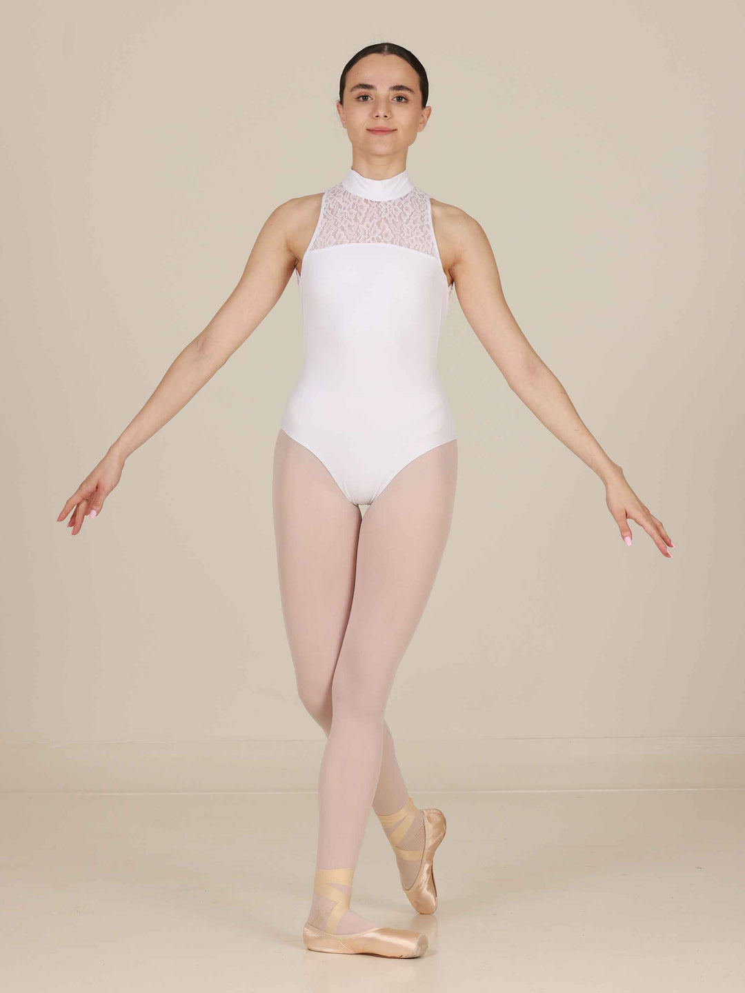 Maillots de ballet para mujer, haut col en encaje et espalda abierta, couleur blancohe, elegante et raffiné pour la ballet - vue de face