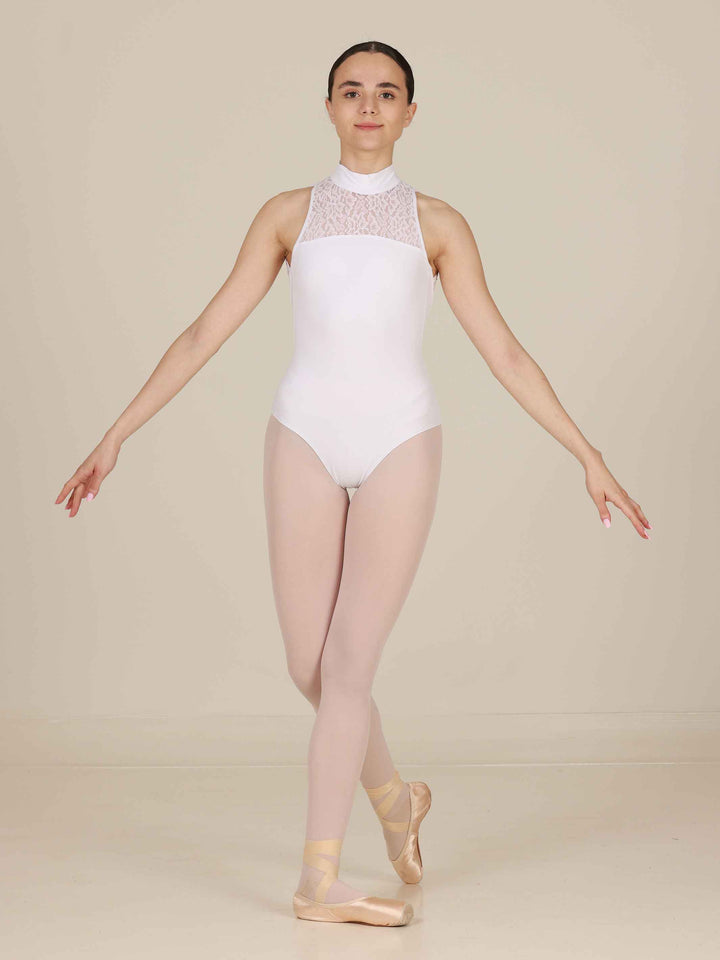 Maillots de ballet para mujer, haut col en encaje et espalda abierta, couleur blancohe, elegante et raffiné pour la ballet - vue de face