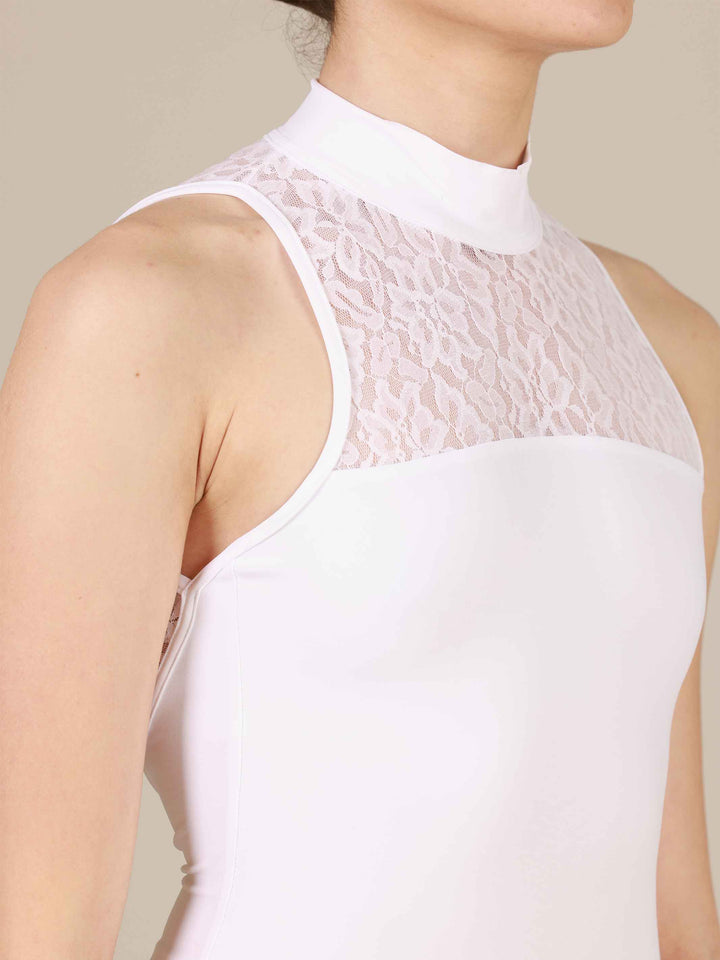 Maillots de ballet para mujer, haut col en encaje et espalda abierta, couleur blancohe, elegante et raffiné pour la ballet - gros plan de la vue de face